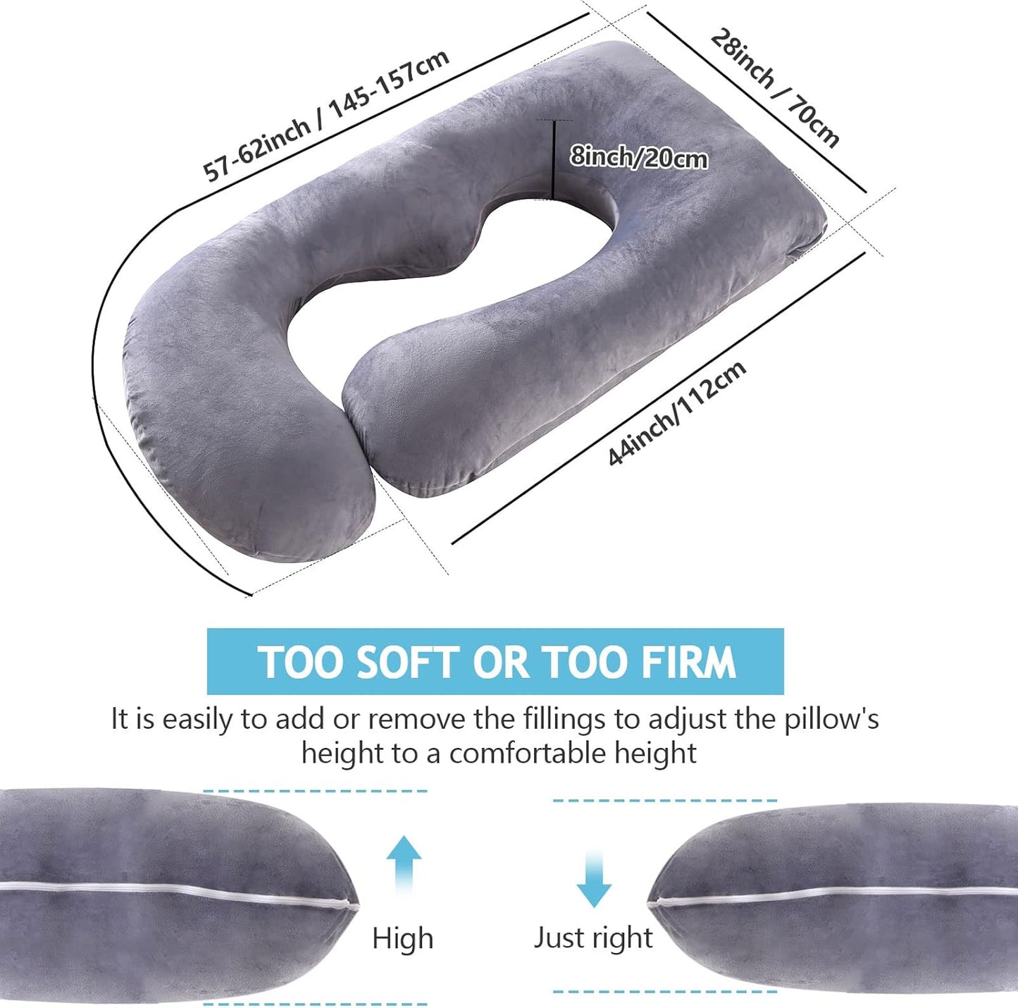 Pregnancy Pillow, Full Body Pillow for Sleeping, Maternity Body Pillow with Removable & Washable Cover, Support for Sleeping and Feeding (Grey, Velvet)