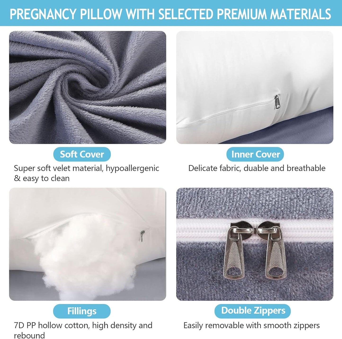 Pregnancy Pillow, Full Body Pillow for Sleeping, Maternity Body Pillow with Removable & Washable Cover, Support for Sleeping and Feeding (Grey, Velvet)