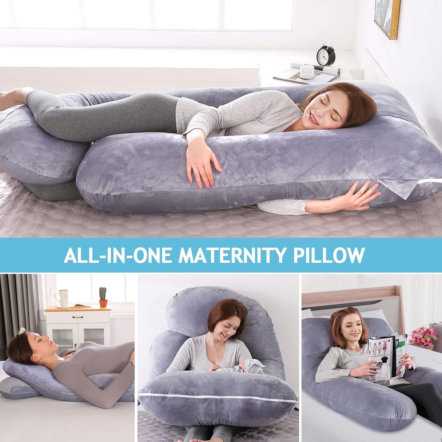 Pregnancy Pillow, Full Body Pillow for Sleeping, Maternity Body Pillow with Removable & Washable Cover, Support for Sleeping and Feeding (Grey, Velvet)