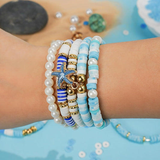 Blue Clay Beads Bracelet Kit – DIY Jewelry Making Set with Golden Pearls & Charms