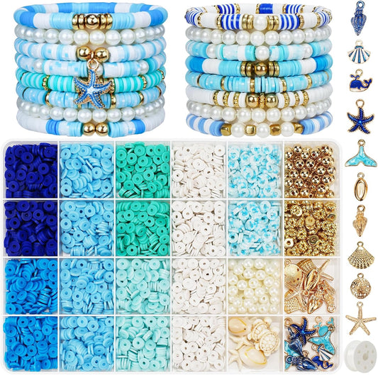 Blue Clay Beads Bracelet Kit – DIY Jewelry Making Set with Golden Pearls & Charms