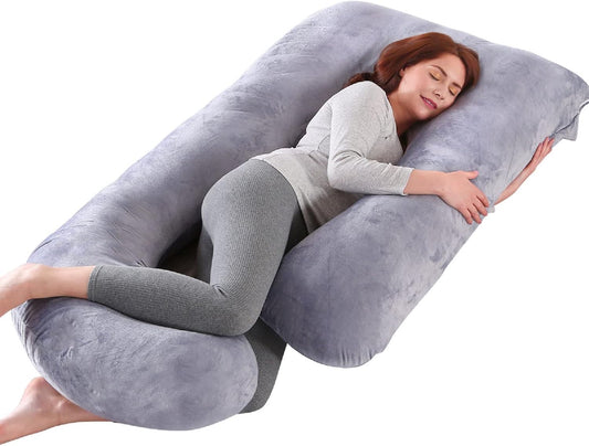 Pregnancy Pillow, Full Body Pillow for Sleeping, Maternity Body Pillow with Removable & Washable Cover, Support for Sleeping and Feeding (Grey, Velvet)