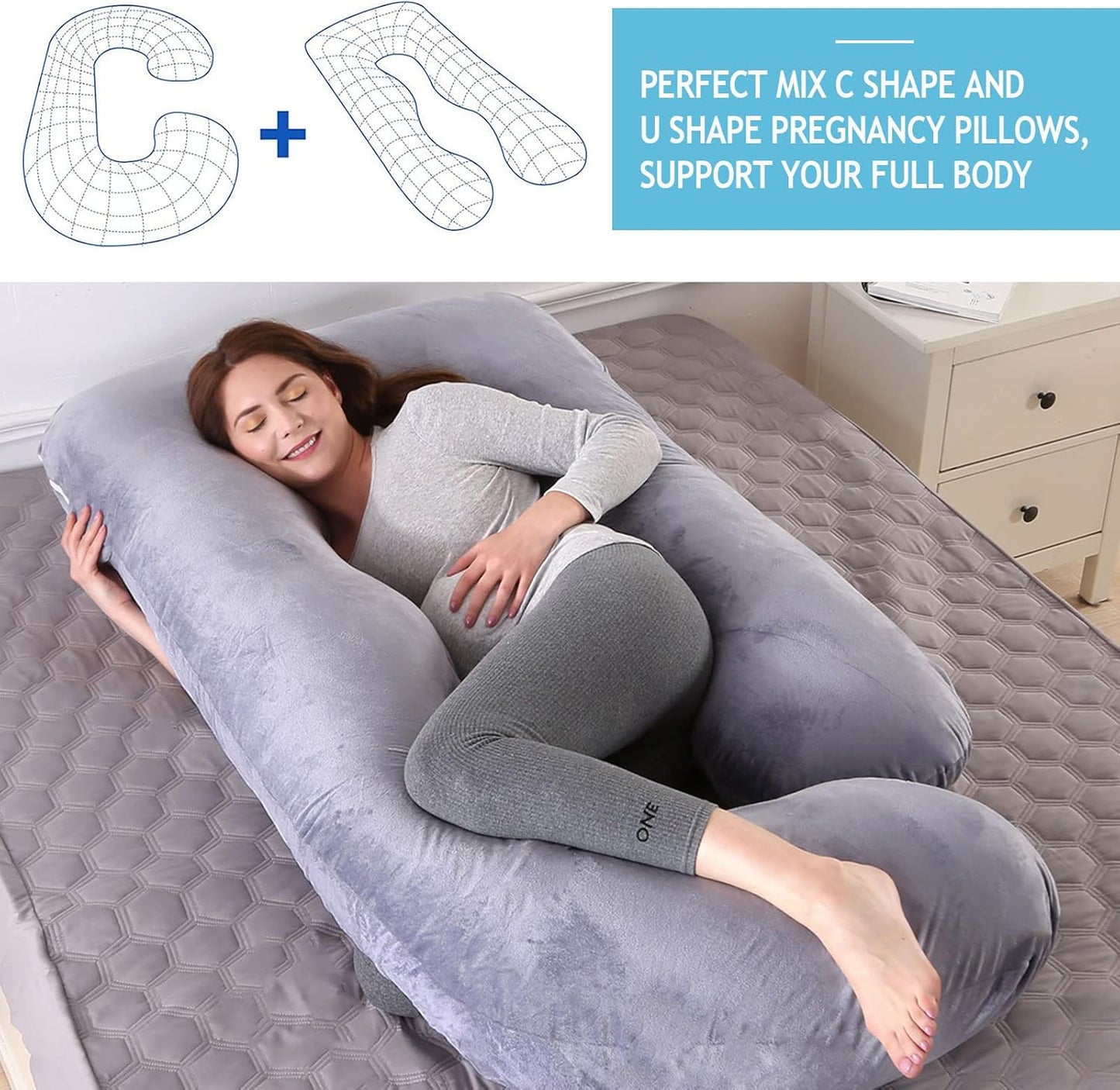 Pregnancy Pillow, Full Body Pillow for Sleeping, Maternity Body Pillow with Removable & Washable Cover, Support for Sleeping and Feeding (Grey, Velvet)