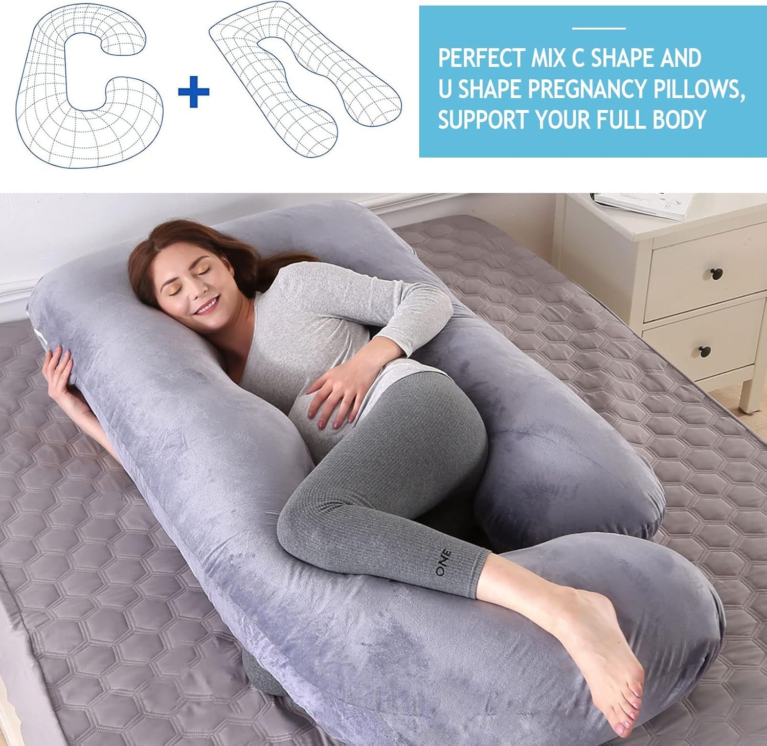 Pregnancy Pillow, Full Body Pillow for Sleeping, Maternity Body Pillow with Removable & Washable Cover, Support for Sleeping and Feeding (Grey, Velvet)
