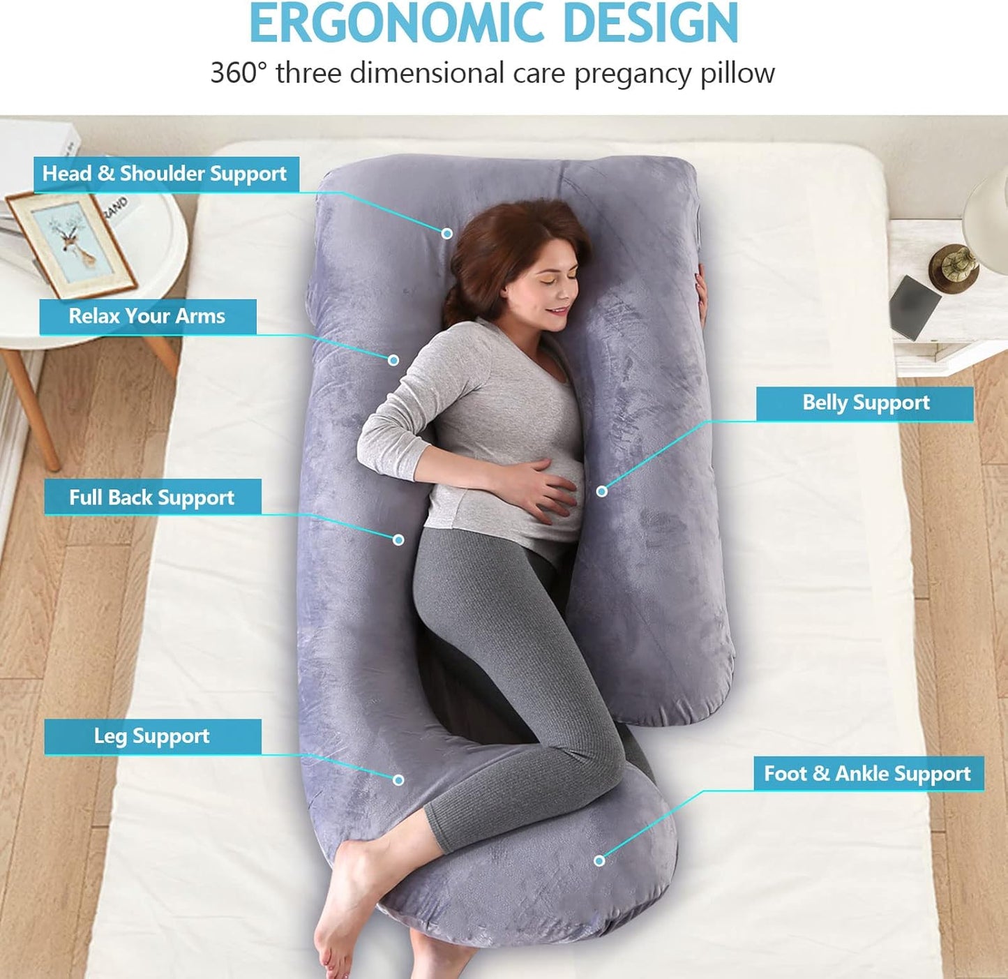 Pregnancy Pillow, Full Body Pillow for Sleeping, Maternity Body Pillow with Removable & Washable Cover, Support for Sleeping and Feeding (Grey, Velvet)
