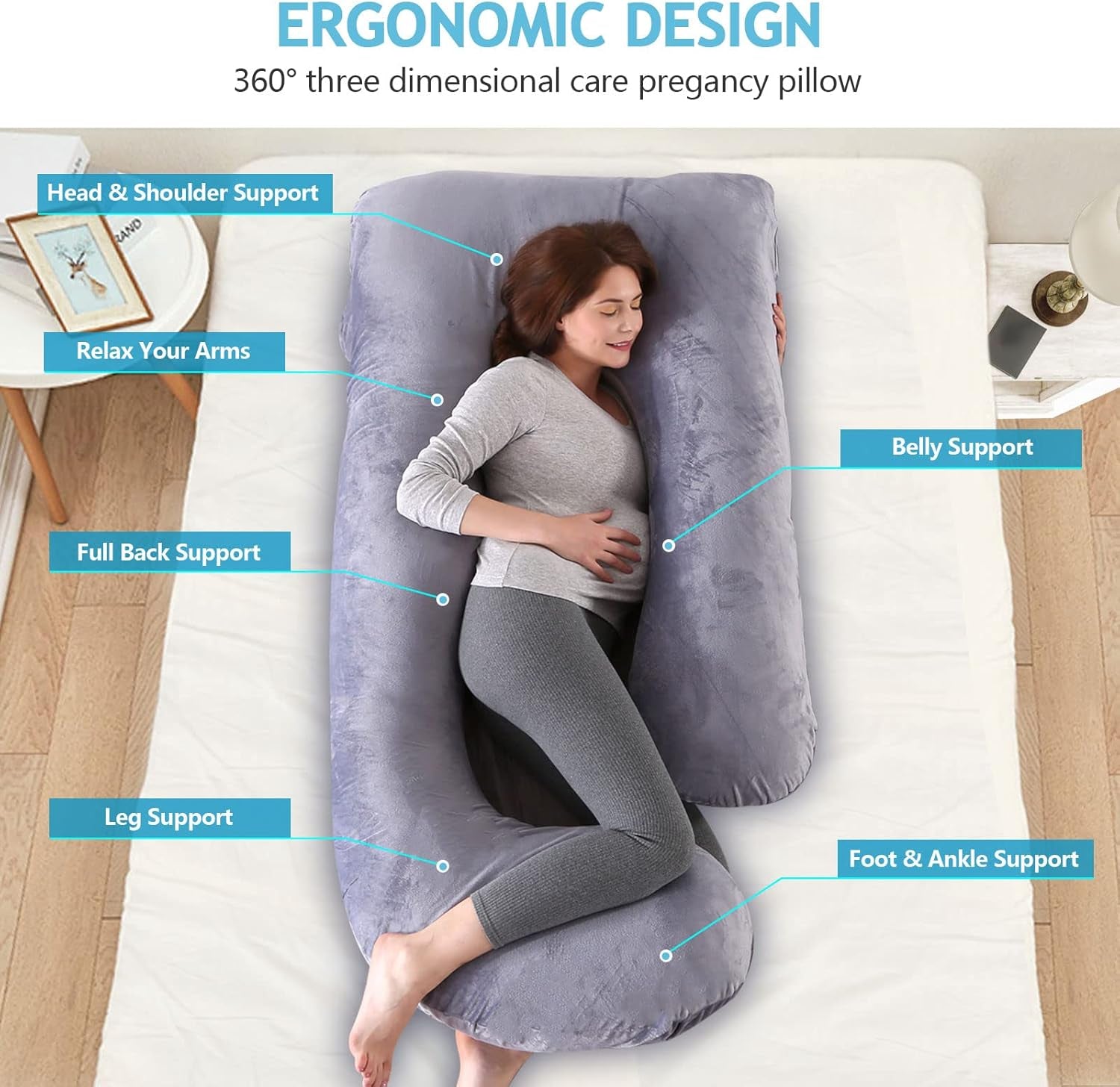Pregnancy Pillow, Full Body Pillow for Sleeping, Maternity Body Pillow with Removable & Washable Cover, Support for Sleeping and Feeding (Grey, Velvet)