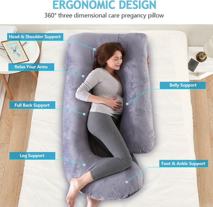 Pregnancy Pillow, Full Body Pillow for Sleeping, Maternity Body Pillow with Removable & Washable Cover, Support for Sleeping and Feeding (Grey, Velvet)